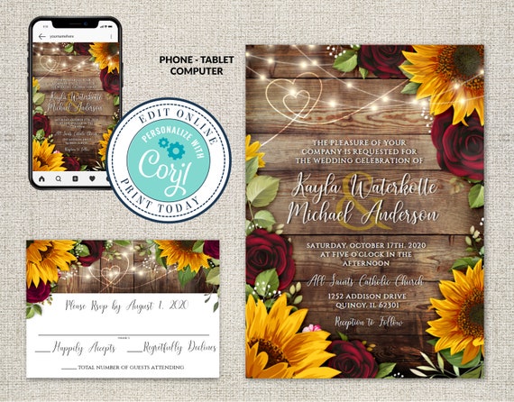 Set of 2, Wedding Invitation and RSVP Template, Rustic Wood with Sunflowers & Roses Invitation Suite, Burgundy Roses, Editable Corjl File Il_570xn