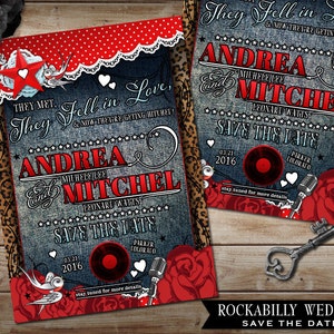 Mariage rockabilly Save the date carte, polka dot et dentelle, Offbeat mariage invite, denim invite avec des roses, des Records et des coeurs bricolage inviter