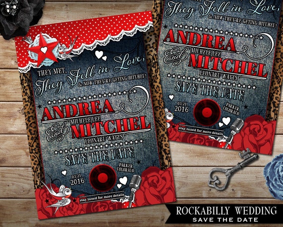 Rockabilly Wedding Save the Date Card, Polka Dot and Lace, Offbeat Wedding Invite, Denim Invite with Roses, Records and Hearts DIY Invite Il_570xn