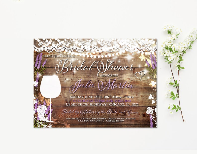 Rustic Wedding Invitation Suite, Vineyard Wedding Invite, Wine Tasting, Lavender, Invitation Printable, Lace Flowers, Bridal Shower, Thanks image 2