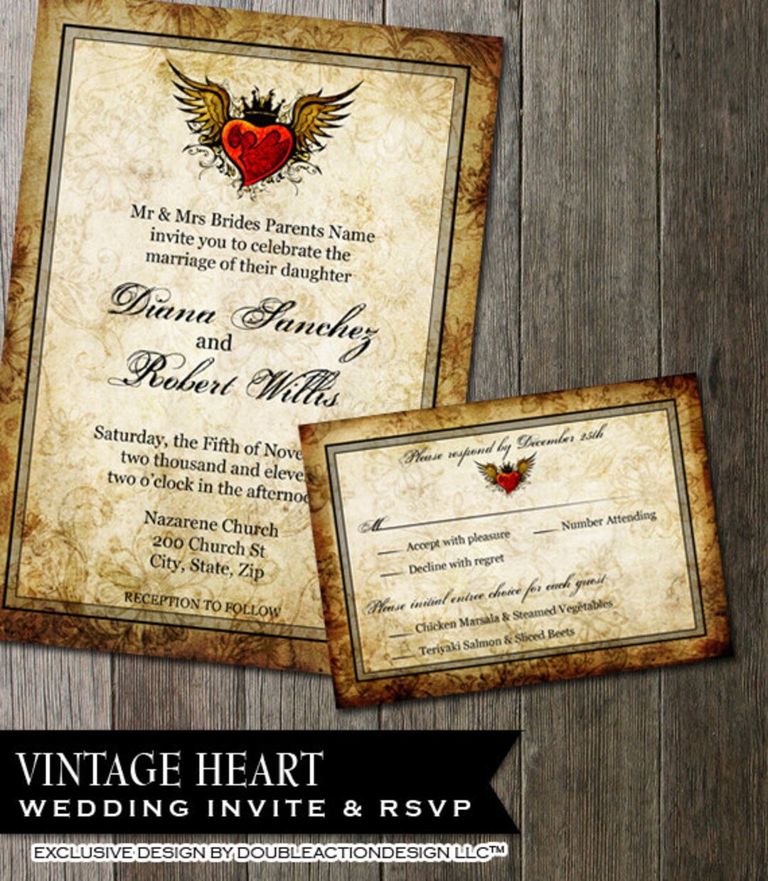 Vintage Tattoo Wedding Invitation: Red Winged Heart (digital DIY) - Etsy