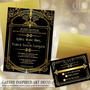 Convite de casamento Art Déco Gatsby e cartão RSVP - Arquivos digitais - Arquitetura dourada e preta