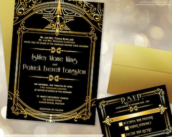 Gatsby Art Deco Wedding Invitation and RSVP card - Digital Files - Gold and Black Architectural