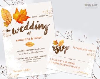 Fall Wedding Invitation Set Fall Leaves Wedding Invite RSVP Country Wedding DIY Printable Rustic Wedding Invitation Set Digital Printable