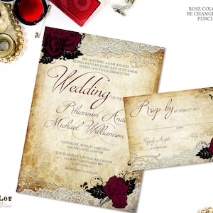 Invitación de la boda de la rosa roja, invitaciones de la boda del jardín romántico, conjunto de invitación floral de la rosa roja, elegante, vintage, tarjetas de boda imprimibles 1