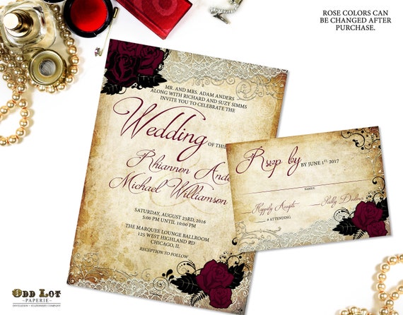 Red Rose Wedding Invitation, Romantic Garden Wedding Invites, Red Rose Floral Invitation Set, Elegant, Vintage, Printable Wedding Cards 1 Il_570xn