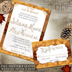 Fall Wedding Invite Rustic Fall Glitter and Leaves Rustic Wedding Stationery Invitation and RSVP Card Digital Printable Autumn
