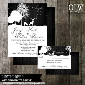 Rustic Invitation de mariage de cerf et rsvp noir et blanc numérique imprimable - cerf, forêt, bois, étoiles
