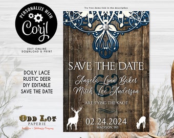 Rustic Save the Date Template, Deer Save the Date, Lace Save the Date, Printable Save the Date, editable invite, DIY Corjl, Buck and Doe