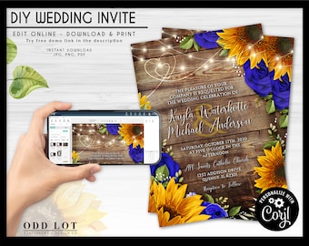 Wedding Invitation Template, Rustic Wood with Sunflowers & Roses Invite, Editable Printable File,Instant Download, Corjl, DIY Blue Rose