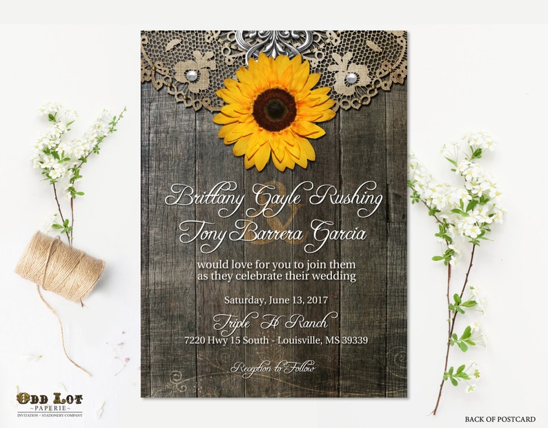 Sunflower Wedding Invitation Set Rustic Sunflower Country Wedding Invites Wood Grain Background Rustic Wedding Rustic Chic Printable Invite image 4