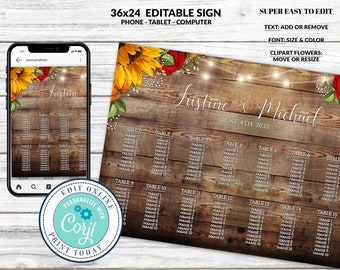 Wedding Seating Chart Sign, Fall Sunflower with Pumpkins & Red Roses, Wedding Table Seating Chart, Seating Plan,Instant Download, Corjl