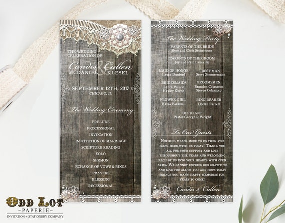Rustic Lace Wedding Program Double Sided Digital Printable Etsy