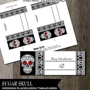 Zuckerschädel Tag der Toten | Dia De Los Muertos Hochzeit Tischkarten | Digital druckbare Tischkarte Tischzelt Tischkarten | Rote Rosen Augen