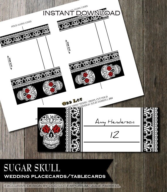 Sugar Skull Day of the Dead | Dia De Los Muertos Wedding Placecards | Digital Printable Wedding Placecard Table tent Cards | Red Roses Eyes Il_570xn
