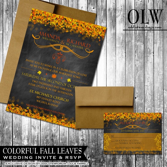 Fall Wedding Invitation & RSVP Set Chalkboard Wedding Invite Fall Leaves Fall Wedding Thanksgiving DIY Fall Leaves Wedding Set Digital File Il_570xn
