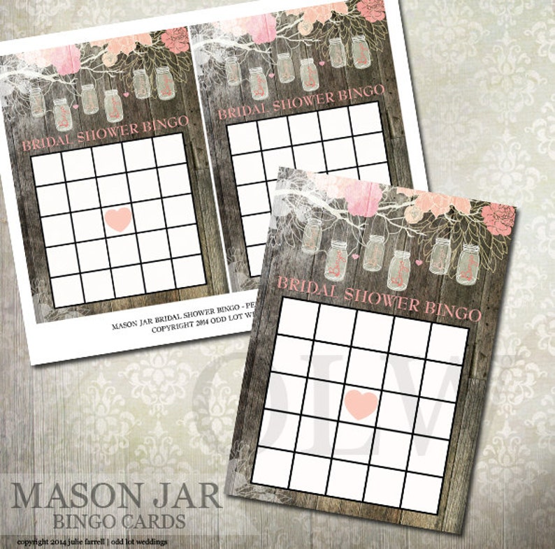 Rustic Mason Jar Bridal Shower Bingo Game 5x7 2 on a sheet Fill in the blanks Pink flowers image 1