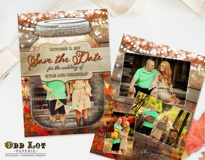 Rustic Fall Save the Date Card Printable Template Autumn Mason Jar Country Barn Wood Fall Leaves Wedding Save the Date DIY Photo Template image 4