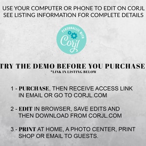 May include: A white background with blue text explaining how to use the Corjl website to personalize and print a digital design. The text includes the phrase "Try the demo before you purchase!" and a logo for Corjl.