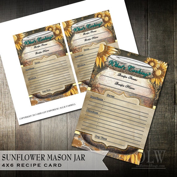Mason Jar Sunflower Recipe Cards | Rustic Sunflower Recipe Cards | Party Printable DIY Recipe Cards Il_570xn