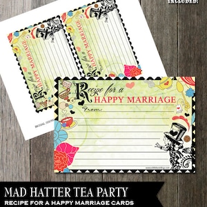 Druckbare Rezeptkarte, Brautparty Gastliebe, verrückter Hatter, Rat für eine glückliche Heiratskarte, Teeparty Thema