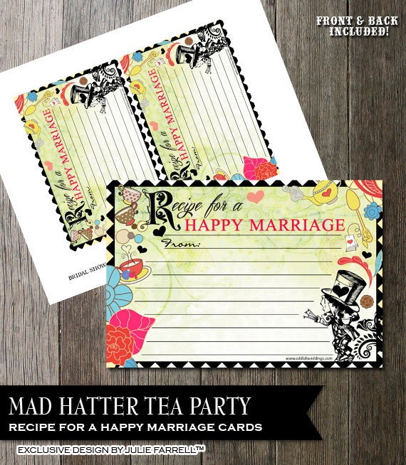 Printable recipe card, bridal shower favor, mad hatter, advice for a happy marriage card, tea party theme Il_570xn