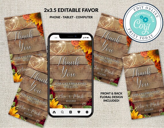 Thank You Favor Tag Template, Editable Thank You Tag, Shower Tag Printable, Instant Download, Personalized, Rustic Fall Sunflowers Roses Il_570xn