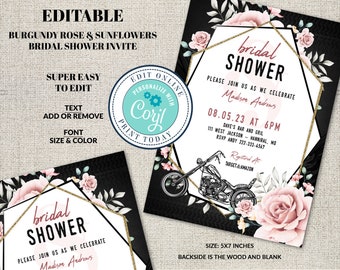 Motorcycle Bridal Shower Invitation , Floral Geometric, Biker Bridal Shower, Editable Printable File, Instant Download, Corjl, DIY Editable