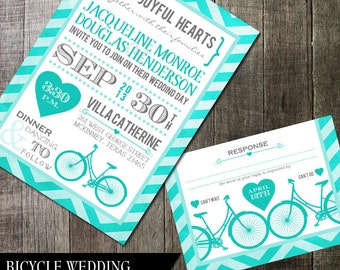 Bicycle Wedding Invitation, Hipster Wedding Stationery,  Chevron and Hearts, Wedding Printable, Bike Themed Wedding Invites, DIY invitation