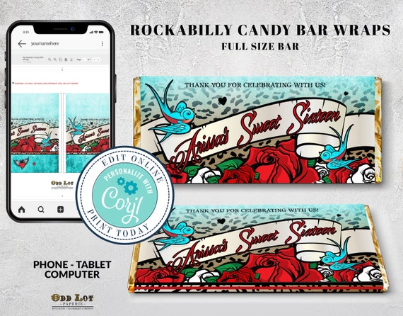 Printable Chocolate Wrapper, Rockabilly, Tattoo, Candy Bar Wrapper, Rock N Roll, Corjl, Rockabilly Invites, Offbeat Birthday Theme, Tattoo Il_570xn