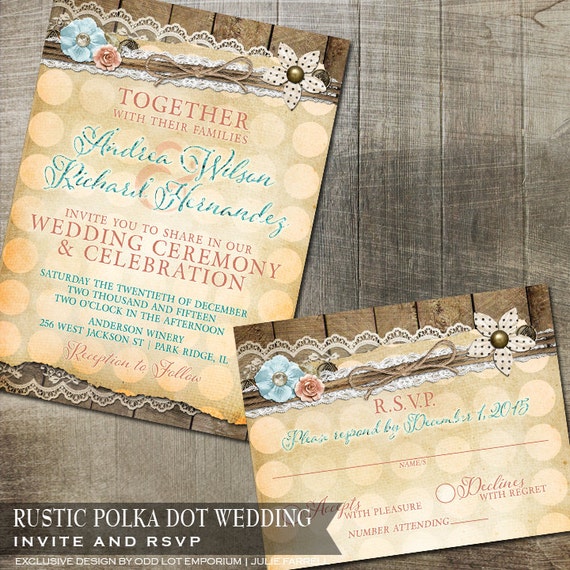 Rustic Lace Polka Dot Invitation Rustic Wedding Invitation Digital Printable DIY Rustic Wedding Invitation Floral and Pattern Il_570xn