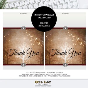 Printable Thank You Card, Tree Thank You Card Winter Wonderland Greeting Card in Brown with Faux band and embellishments Rustic image 2