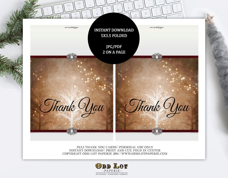 Printable Thank You Card, Tree Thank You Card Winter Wonderland Greeting Card in Brown with Faux band and embellishments Rustic image 2