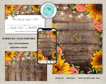 Rustic Sunflower Wedding Invitation Suite: Editable Template (Corjl File)