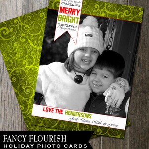 Cartão de Natal digital para impressão com foto verde extravagante floresce feliz e brilhante (faça você mesmo digital)