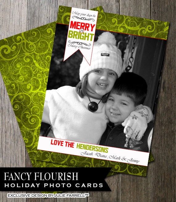 Green Fancy Flourishes Merry & Bright Photo Digital Printable Christmas Card (Digital DIY) Il_570xn