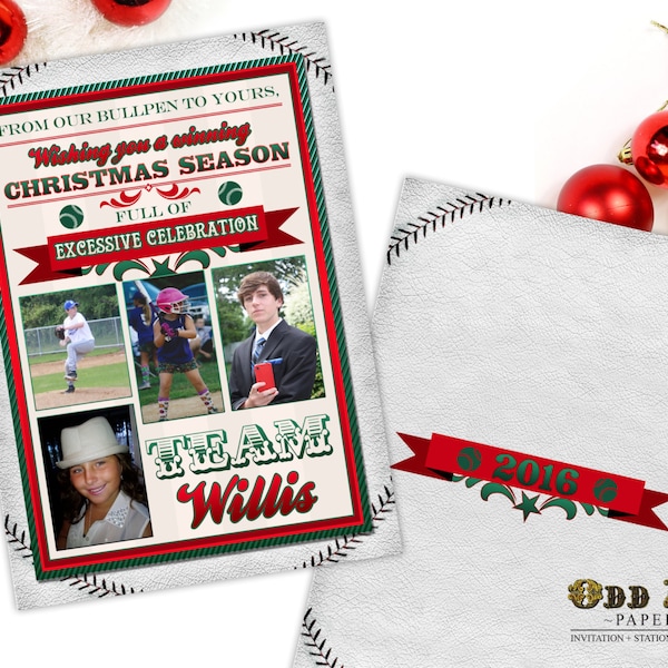 Baseball Christmas Cards Sports Themed Christmas Cards Printable Christmas Cards Any Sports Team, Team Colors  DIY Printable Invite New Year