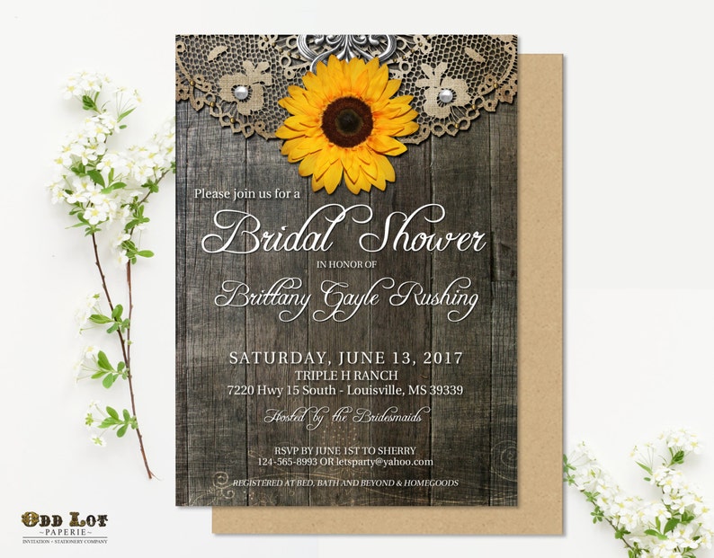 Sunflower Bridal Shower Invitation Set Rustic Bridal Shower Invite Country Rustic Wedding Barn Wood Lace Printable invite Rustic Sunflower image 2