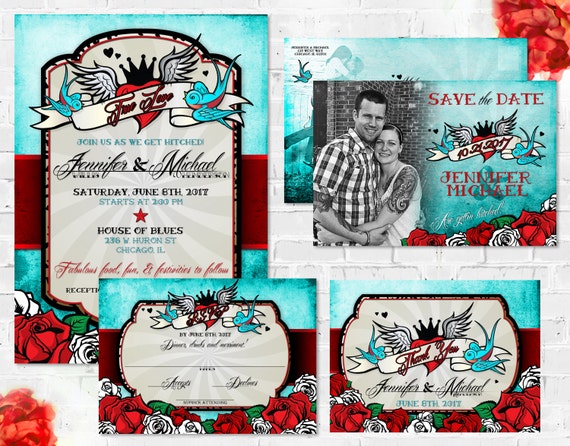Tattoo Wedding Invitation Set Rockabilly Wedding Invitation, Rocker Wedding Invite, Rock N Roll Wedding Printable Invitation Roses Offbeat Il_570xn