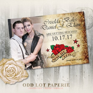 Rockabily Salve a data, anúncio de casamento, casamento com tatuagem de rosa, casamento para impressão, salve a data, casamento vintage rocker, casamento excêntrico