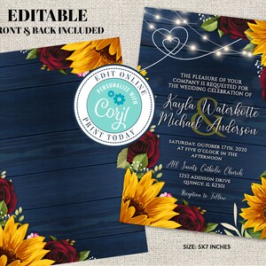 May include: Editable wedding invitation template with a rustic wood background, sunflowers, and burgundy roses. The text reads "The pleasure of your company is requested for the wedding celebration of Kayla Waterkotte & Michael Anderson. Saturday, October 17th, 2020 at five o'clock in the afternoon. All Saints Catholic Church, 1252 Addison Drive, Quincy, IL 62301. Reception to follow."