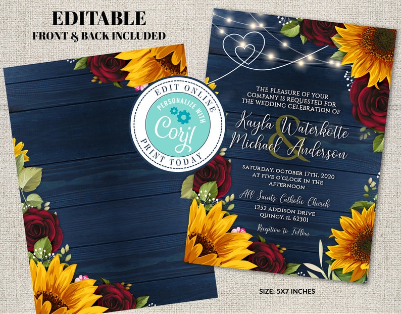 May include: Editable wedding invitation template with a rustic wood background, sunflowers, and burgundy roses. The text reads "The pleasure of your company is requested for the wedding celebration of Kayla Waterkotte & Michael Anderson. Saturday, October 17th, 2020 at five o'clock in the afternoon. All Saints Catholic Church, 1252 Addison Drive, Quincy, IL 62301. Reception to follow."