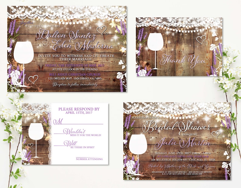 Rustic Wedding Invitation Suite, Vineyard Wedding Invite, Wine Tasting, Lavender, Invitation Printable, Lace Flowers, Bridal Shower, Thanks image 1