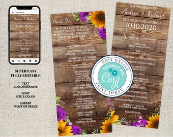 Editable Sunflower & Purple Roses Wedding Program, Rustic Wedding Ceremony Program Template, Editable Printable File,Instant Download, Corjl