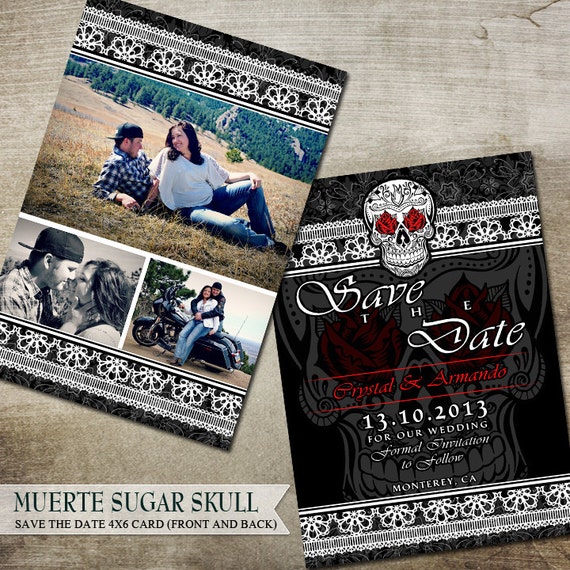Sugar Skull Save the Date Day of the Dead Invitation Calaveras Wedding Announcement Offbeat Gothic Dia De Los Muertos Till Death do us Part Il_570xn