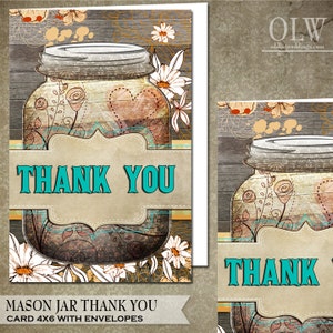 Daisy Thank You Card, Mason Jar Thank You Greeting Card, DIY Printable Thank You, Rustic Thank You Card, Turquoise, Wood Planks, Flowers