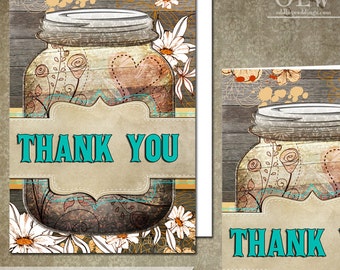 Daisy Thank You Card, Mason Jar Thank You Greeting Card, DIY Printable Thank You, Rustic Thank You Card, Turquoise, Wood Planks, Flowers