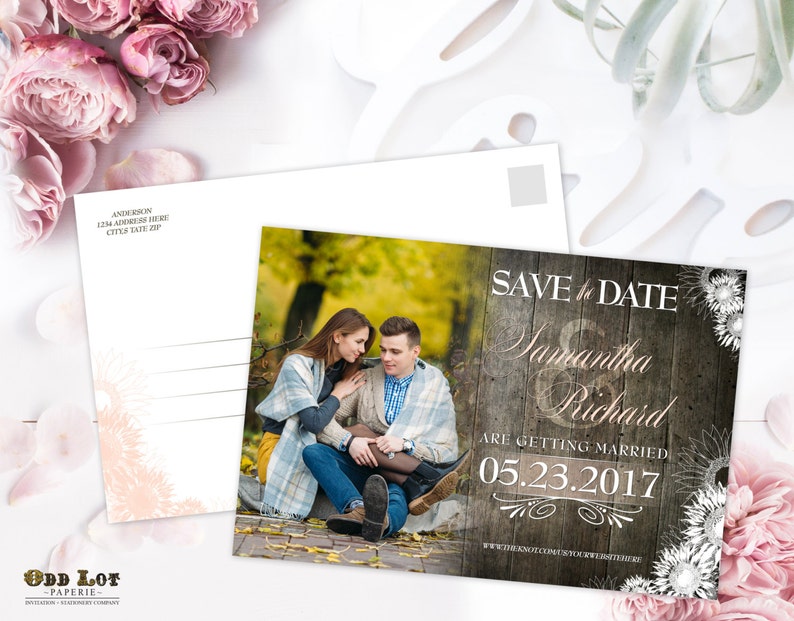 Sunflower Save the Date Postcard Rustic Wedding Announcement Rustic Sunflower on Barn Wood Printable Wedding Save the Date Calendar Card