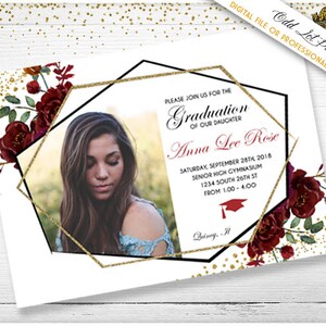 Invitación de graduación, anuncio de graduación, invitación de graduación de la foto, flores de Merlot, flores de Borgoña, boho floral geométrico