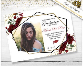 Graduation Invitation, Graduation Announcement, Photo Graduation Invitation, Merlot flowers, Burgundy Flowers, Boho Geometric Floral